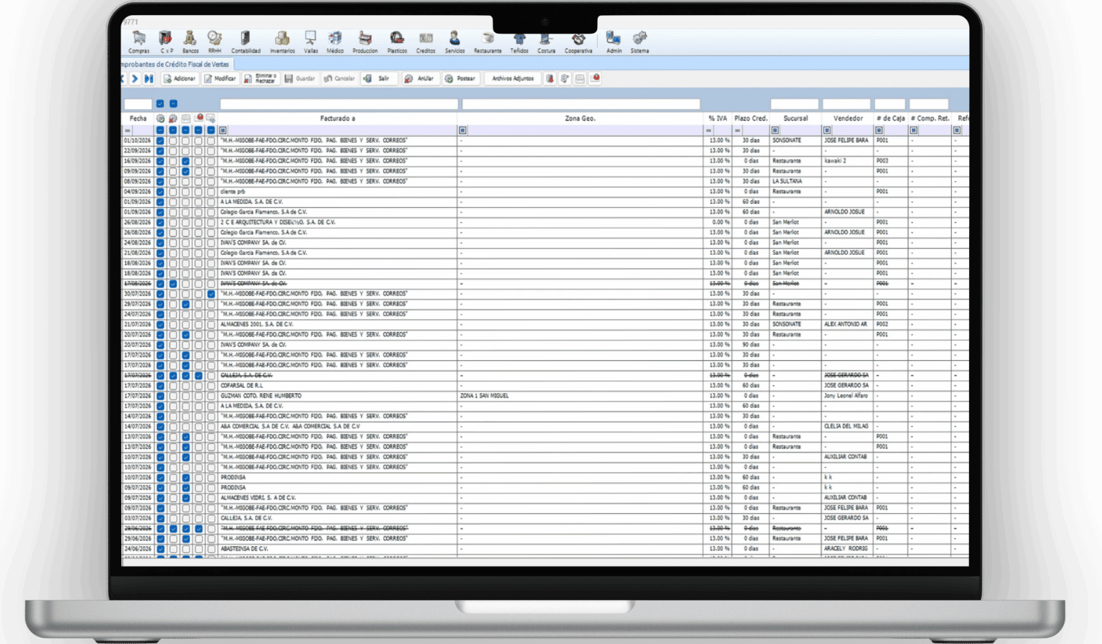 Pantalla de una computadora portátil mostrando el módulo de comprobantes de crédito fiscal de ventas en el ERP Olimpo Tecnologías.