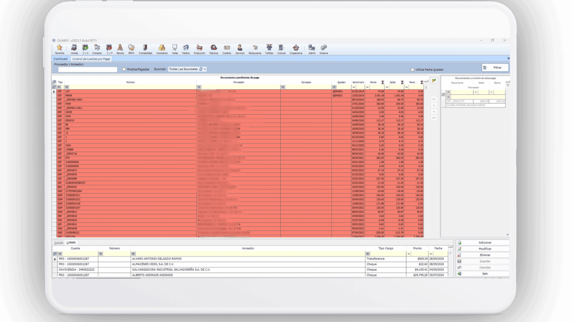 Pantalla de una tablet mostrando el módulo de control de cuentas por pagar en el ERP Olimpo Tecnologías, destacando una lista de documentos pendientes.