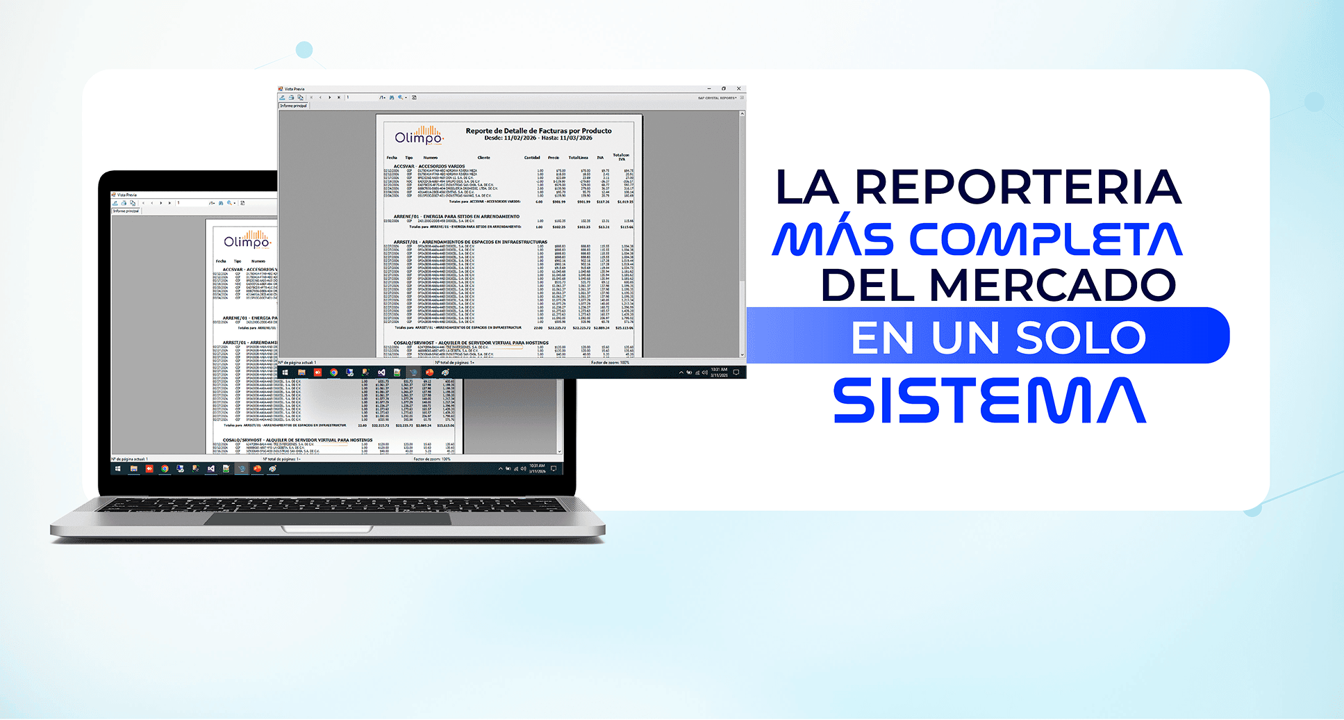 Laptop mostrando un reporte del sistema Olimpo ERP